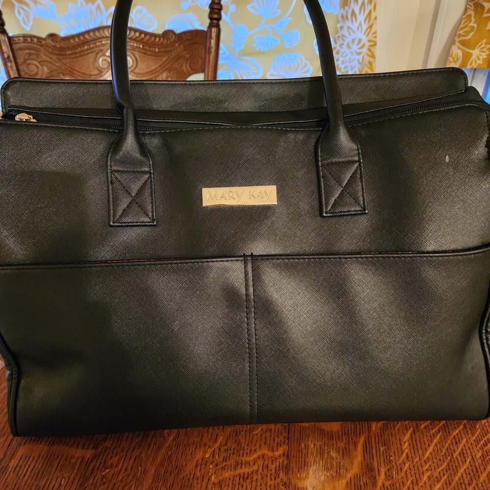 Mary Kay Travel Tote Bag Black Large Double Handles Pockets Floral Interior